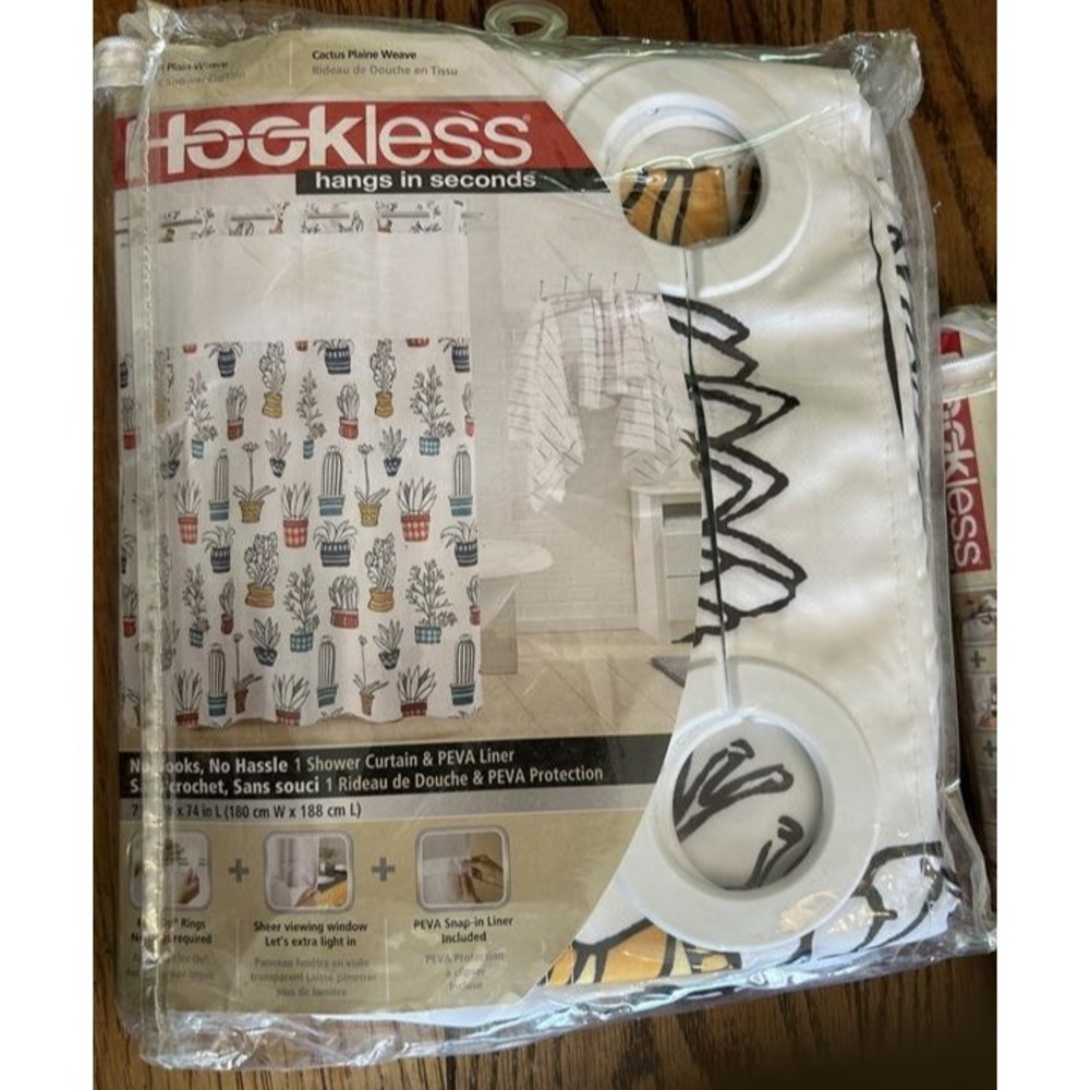 Hookless Cactus Succulents Fabric Shower Curtain with Liner 3-in-1 Set White